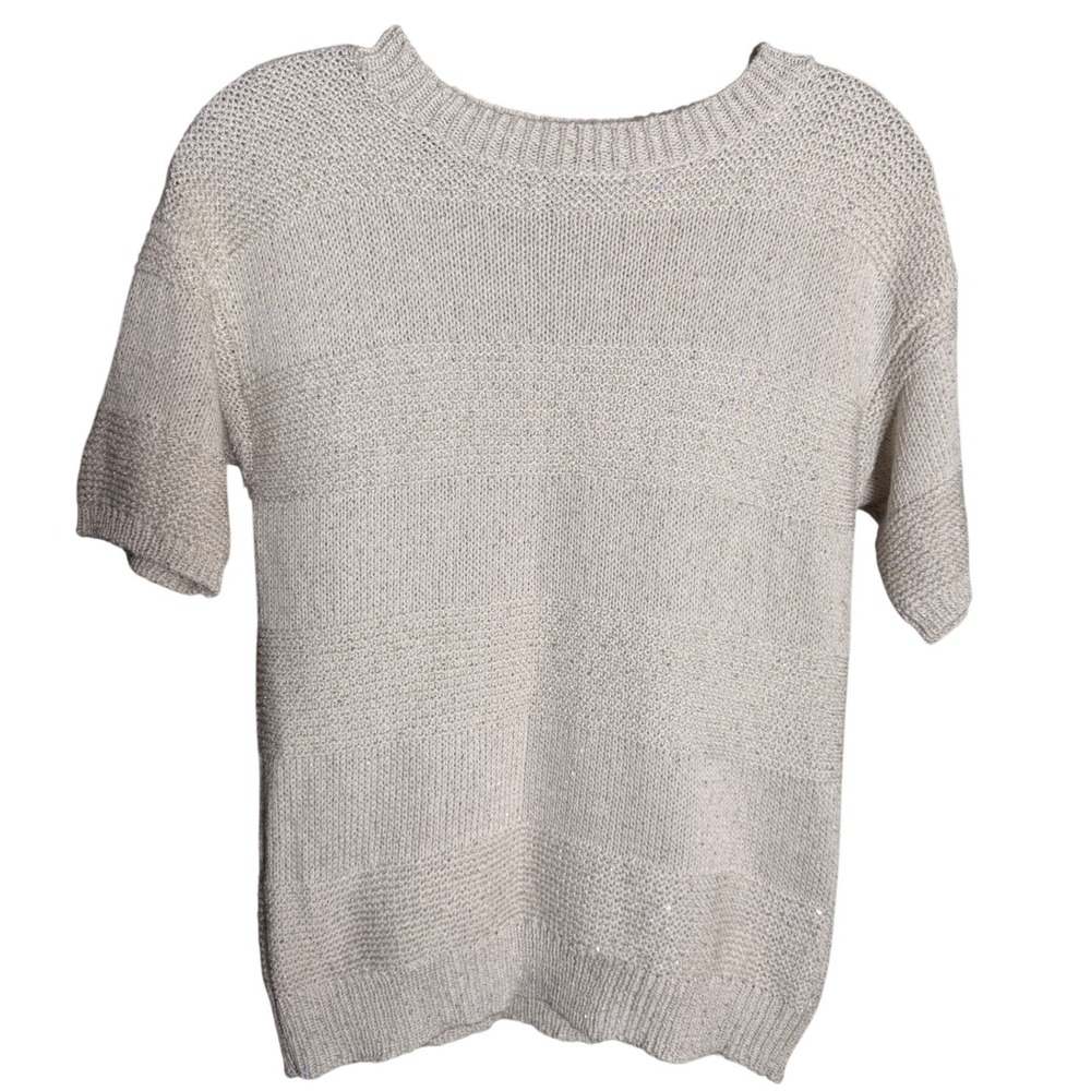 Saks Fifth Avenue Short Sleeve Knit Sweater Women Med White-Silver Sequin Italy - Picture 1 of 7